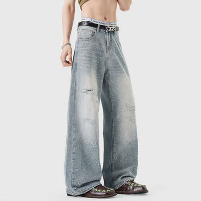 Men's Spring Light Blue Ripped Rhinestone Cross Jeans
