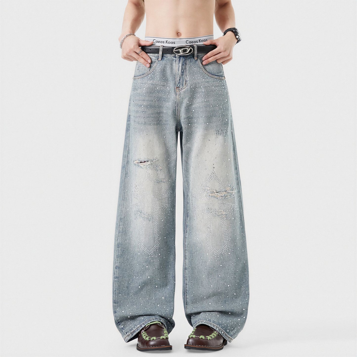Men's Spring Light Blue Ripped Rhinestone Cross Jeans