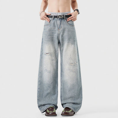 Men's Spring Light Blue Ripped Rhinestone Cross Jeans