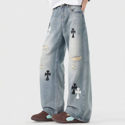Men's Spring Light Blue Ripped Cross Patch Denim Jeans