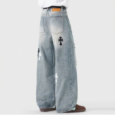 Men's Spring Light Blue Ripped Cross Patch Denim Jeans