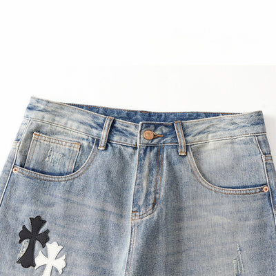 Men's Spring Light Blue Ripped Cross Patch Denim Jeans