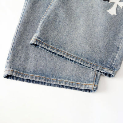 Men's Spring Light Blue Ripped Cross Patch Denim Jeans