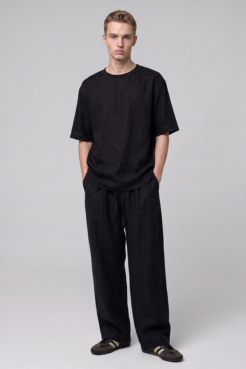 Men's Summer Linen-Blend Crewneck Tee Wide-Leg Pants Set