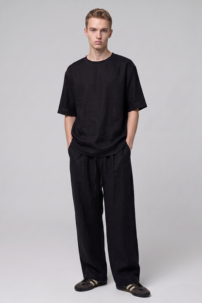 Men's Summer Linen-Blend Crewneck Tee Wide-Leg Pants Set