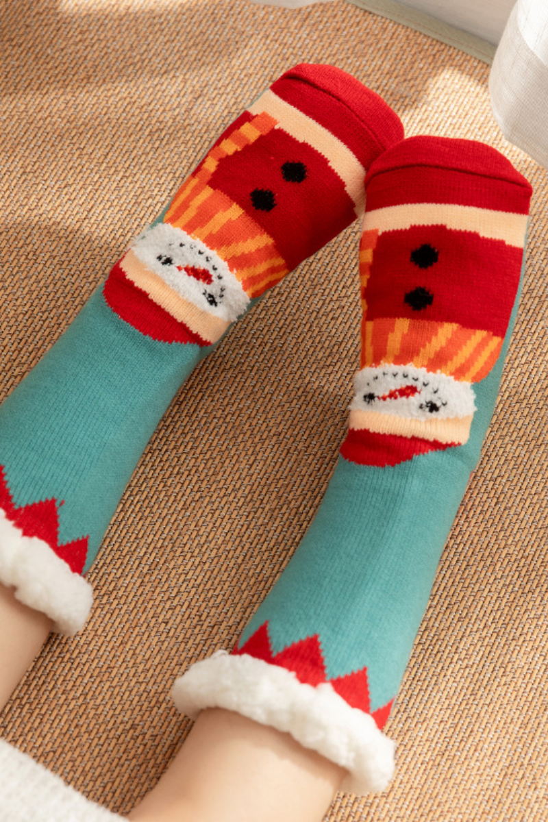 Women Winter Christmas Fleece Cuff Non Slip Slipper Socks