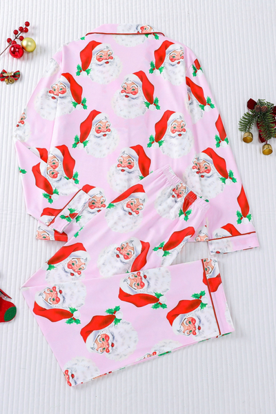 Women's Christmas Pink Striped Open Collar Pajama Set
