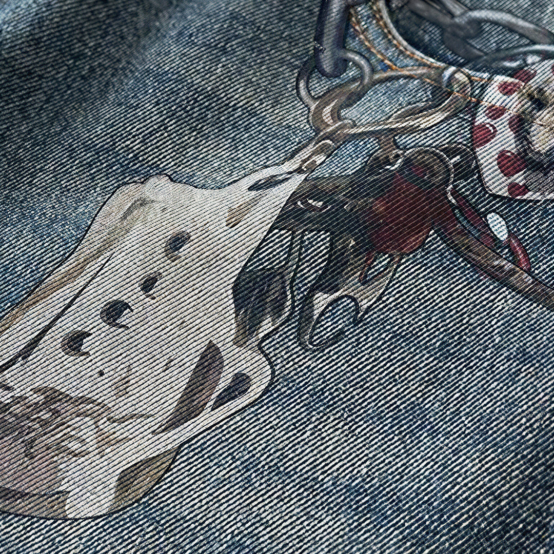 Men's Spring Blue Keychain Print Wide Leg Denim Jeans