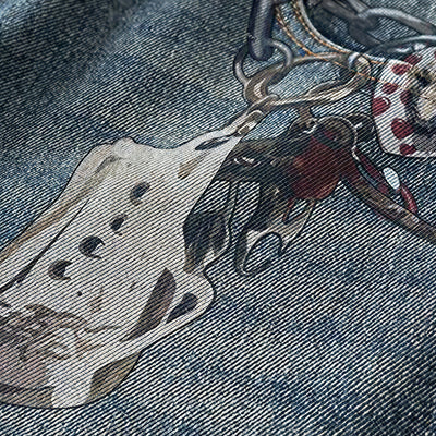 Men's Spring Blue Keychain Print Wide Leg Denim Jeans