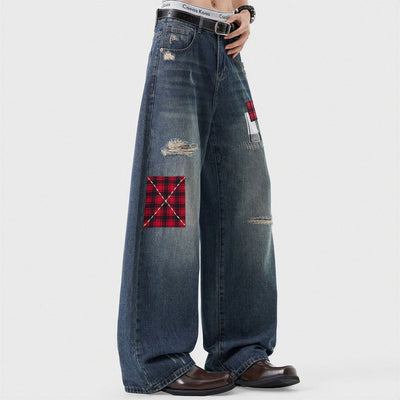 Men's Spring Ripped Plaid Patch Wide Leg Denim Jeans
