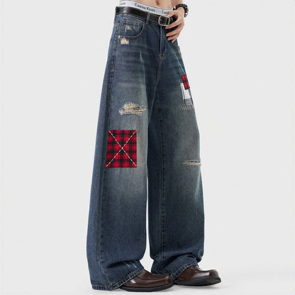 Men's Spring Ripped Plaid Patch Wide Leg Denim Jeans