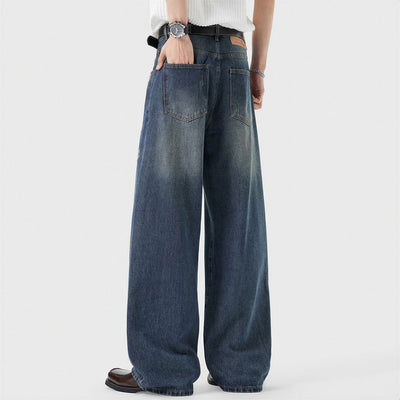 Men's Spring Ripped Plaid Patch Wide Leg Denim Jeans