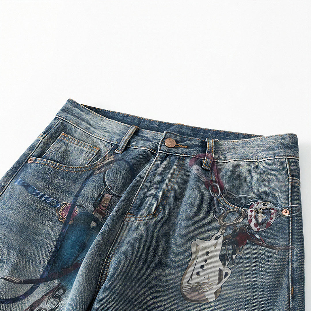 Men's Spring Blue Keychain Print Wide Leg Denim Jeans