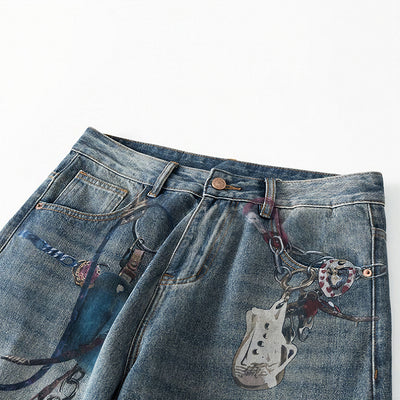 Men's Spring Blue Keychain Print Wide Leg Denim Jeans