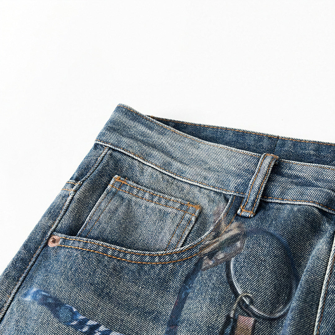Men's Spring Blue Keychain Print Wide Leg Denim Jeans