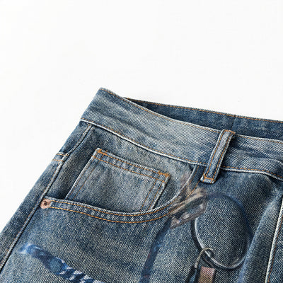 Men's Spring Blue Keychain Print Wide Leg Denim Jeans