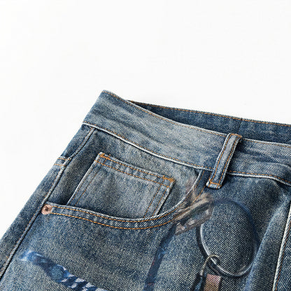 Men's Spring Blue Keychain Print Wide Leg Denim Jeans