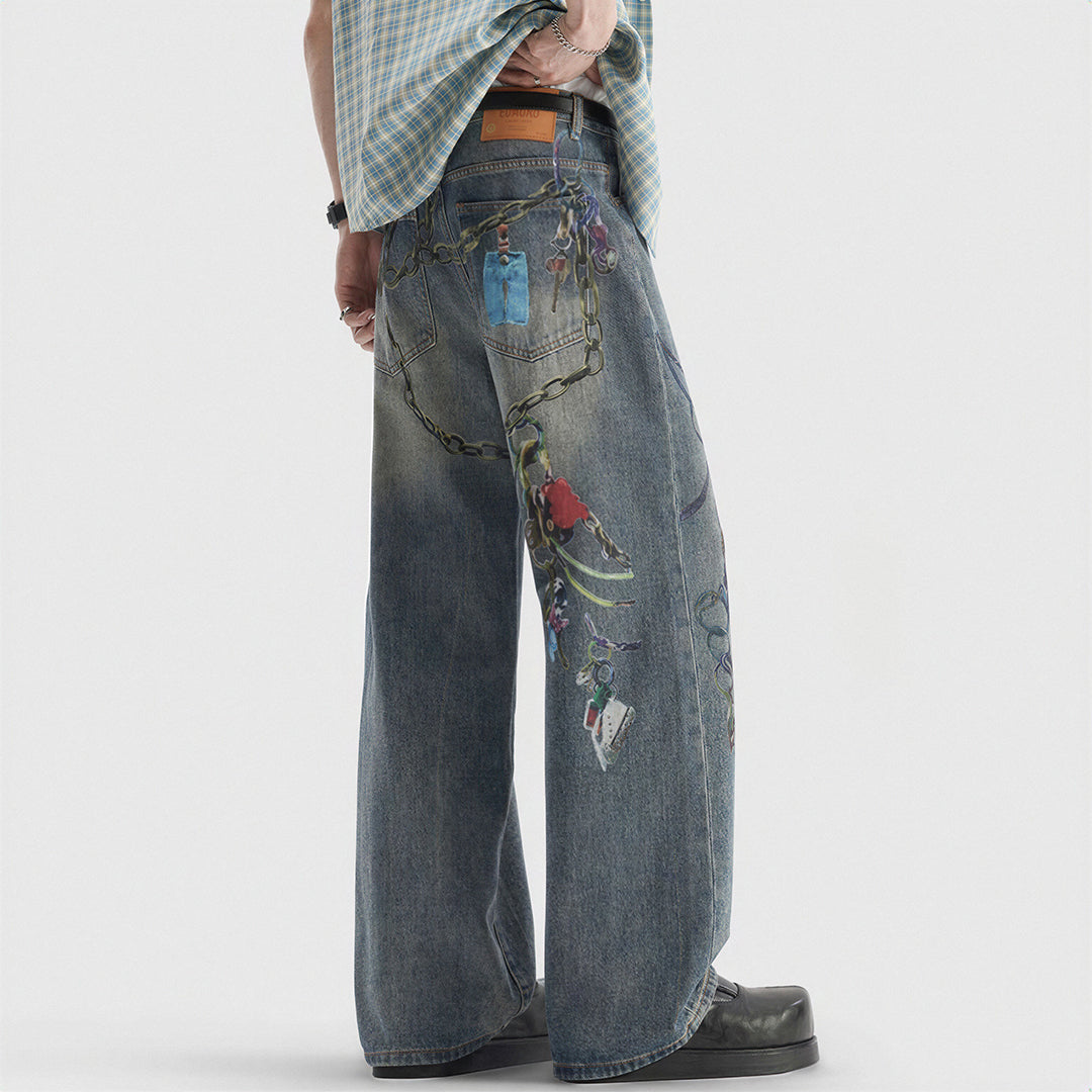 Men's Spring Blue Keychain Print Wide Leg Denim Jeans
