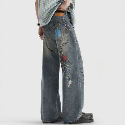 Men's Spring Blue Keychain Print Wide Leg Denim Jeans