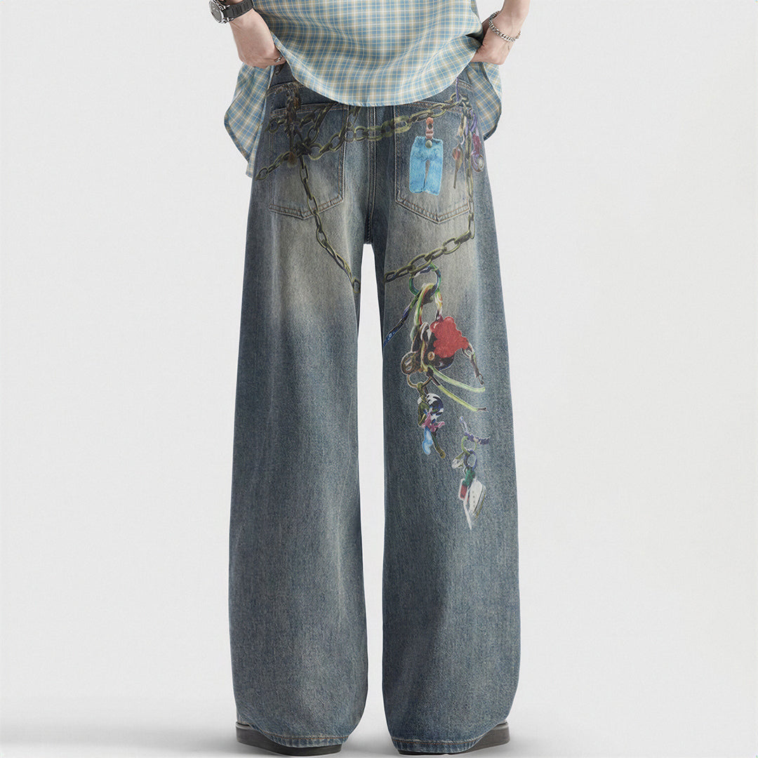 Men's Spring Blue Keychain Print Wide Leg Denim Jeans