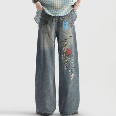 Men's Spring Blue Keychain Print Wide Leg Denim Jeans