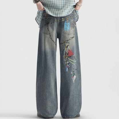 Men's Spring Blue Keychain Print Wide Leg Denim Jeans
