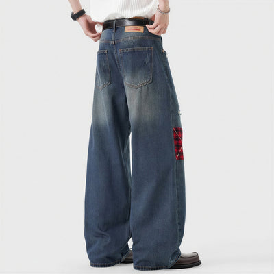 Men's Spring Ripped Plaid Patch Wide Leg Denim Jeans