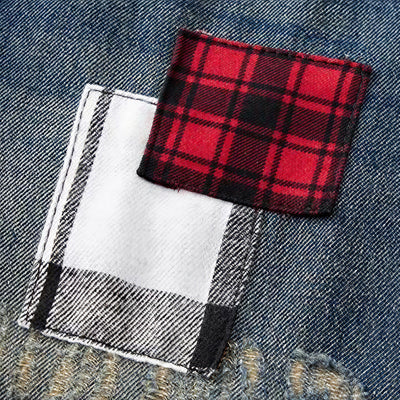 Men's Spring Ripped Plaid Patch Wide Leg Denim Jeans