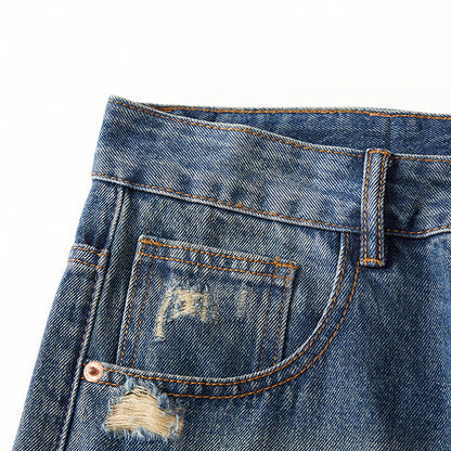 Men's Spring Ripped Plaid Patch Wide Leg Denim Jeans