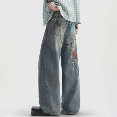 Men's Spring Blue Keychain Print Wide Leg Denim Jeans