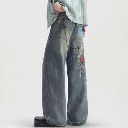 Men's Spring Blue Keychain Print Wide Leg Denim Jeans
