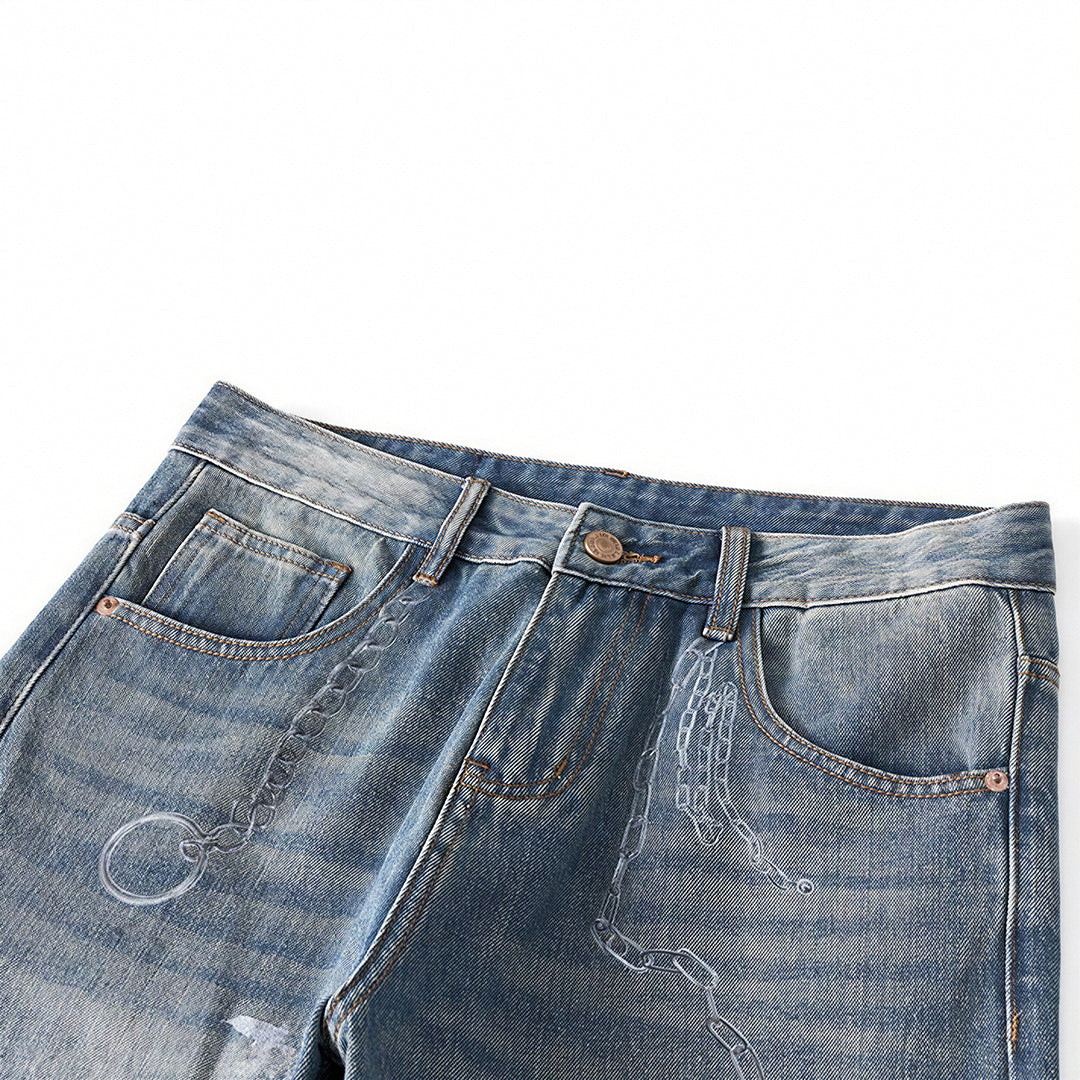 Men's Spring Blue Thorn Graffiti Wide Leg Denim Jeans