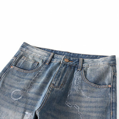 Men's Spring Blue Thorn Graffiti Wide Leg Denim Jeans
