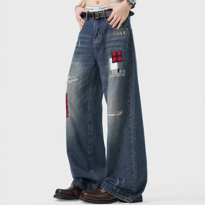 Men's Spring Ripped Plaid Patch Wide Leg Denim Jeans