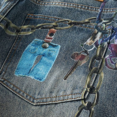 Men's Spring Blue Keychain Print Wide Leg Denim Jeans