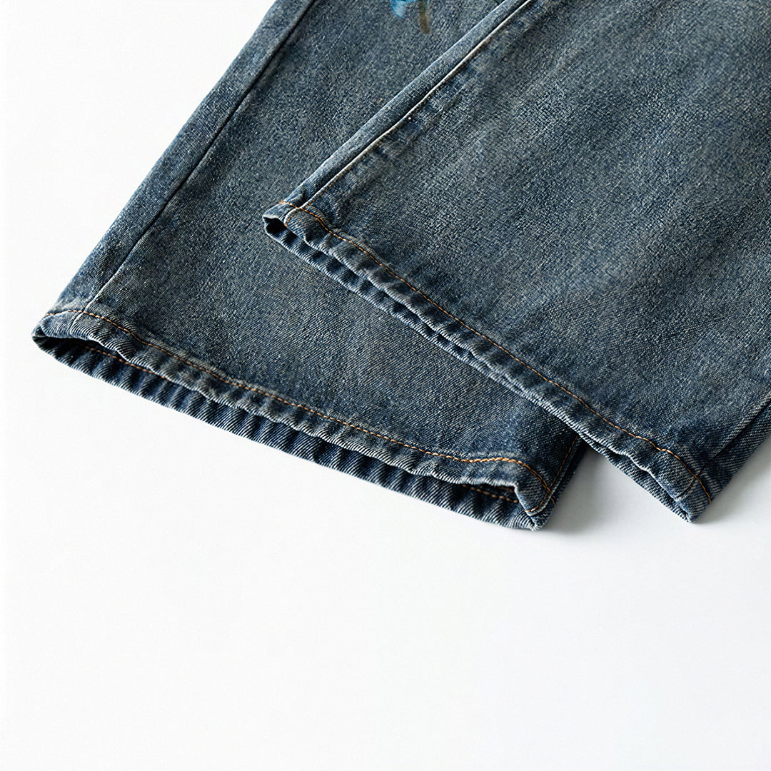 Men's Spring Blue Keychain Print Wide Leg Denim Jeans