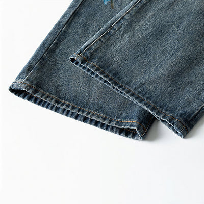 Men's Spring Blue Keychain Print Wide Leg Denim Jeans