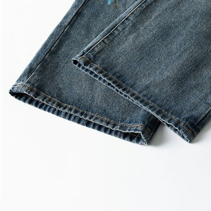 Men's Spring Blue Keychain Print Wide Leg Denim Jeans