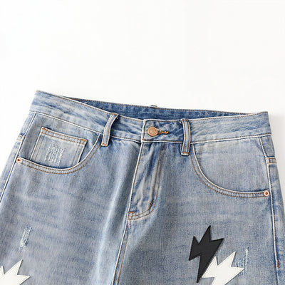 Men's Spring Light Blue Ripped Lightning Patch Jeans