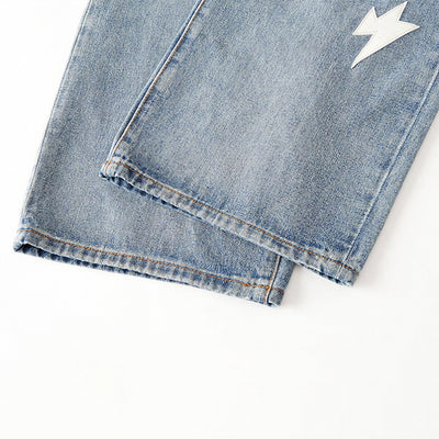 Men's Spring Light Blue Ripped Lightning Patch Jeans