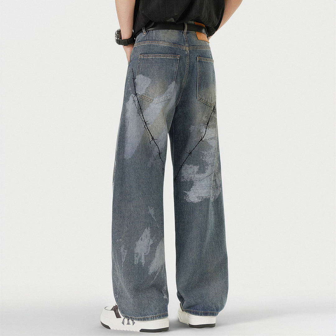Men's Spring Blue Thorn Graffiti Wide Leg Denim Jeans