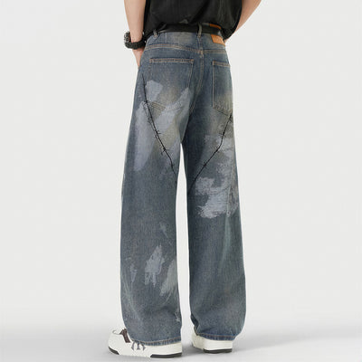 Men's Spring Blue Thorn Graffiti Wide Leg Denim Jeans