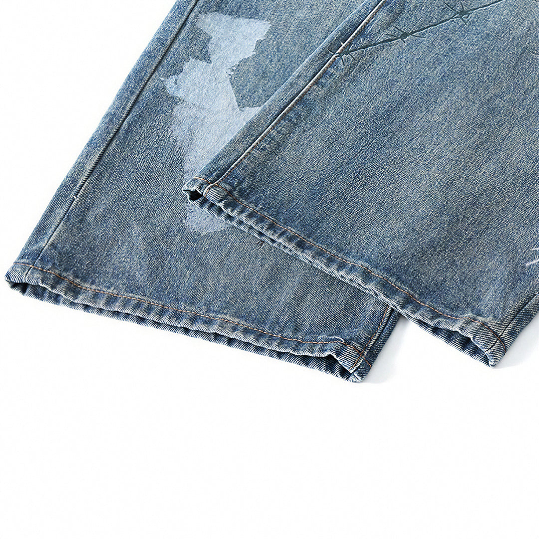 Men's Spring Blue Thorn Graffiti Wide Leg Denim Jeans