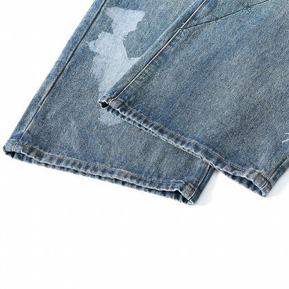 Men's Spring Blue Thorn Graffiti Wide Leg Denim Jeans