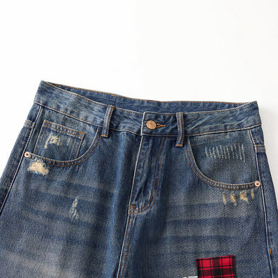 Men's Spring Ripped Plaid Patch Wide Leg Denim Jeans
