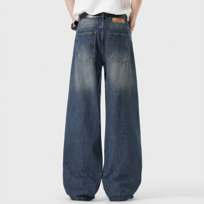 Men's Spring Ripped Plaid Patch Wide Leg Denim Jeans