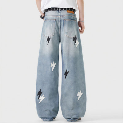 Men's Spring Light Blue Ripped Lightning Patch Jeans