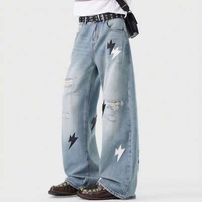 Men's Spring Light Blue Ripped Lightning Patch Jeans