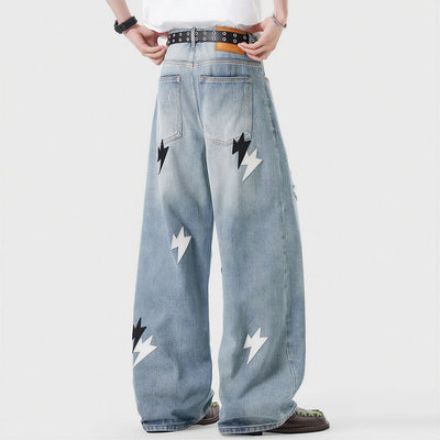 Men's Spring Light Blue Ripped Lightning Patch Jeans