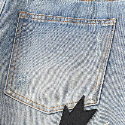 Men's Spring Light Blue Ripped Lightning Patch Jeans